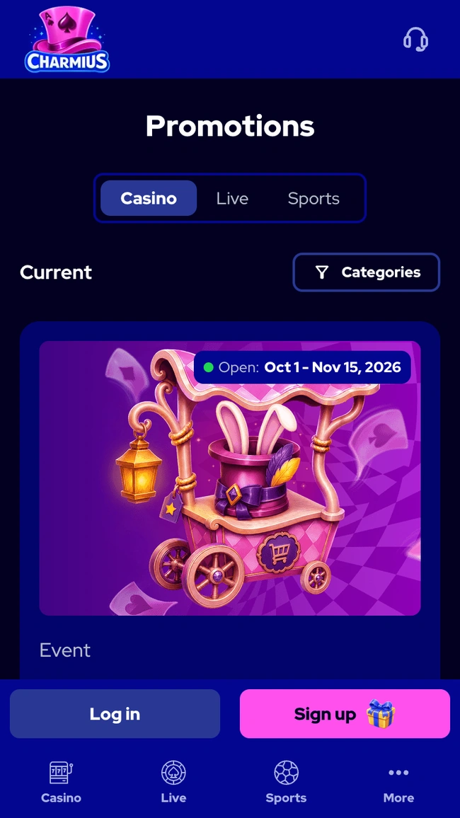 La pagina Promozioni di Charmius con le schede Casino, Live e Sports e un evento dall'1 ottobre al 15 novembre 2026