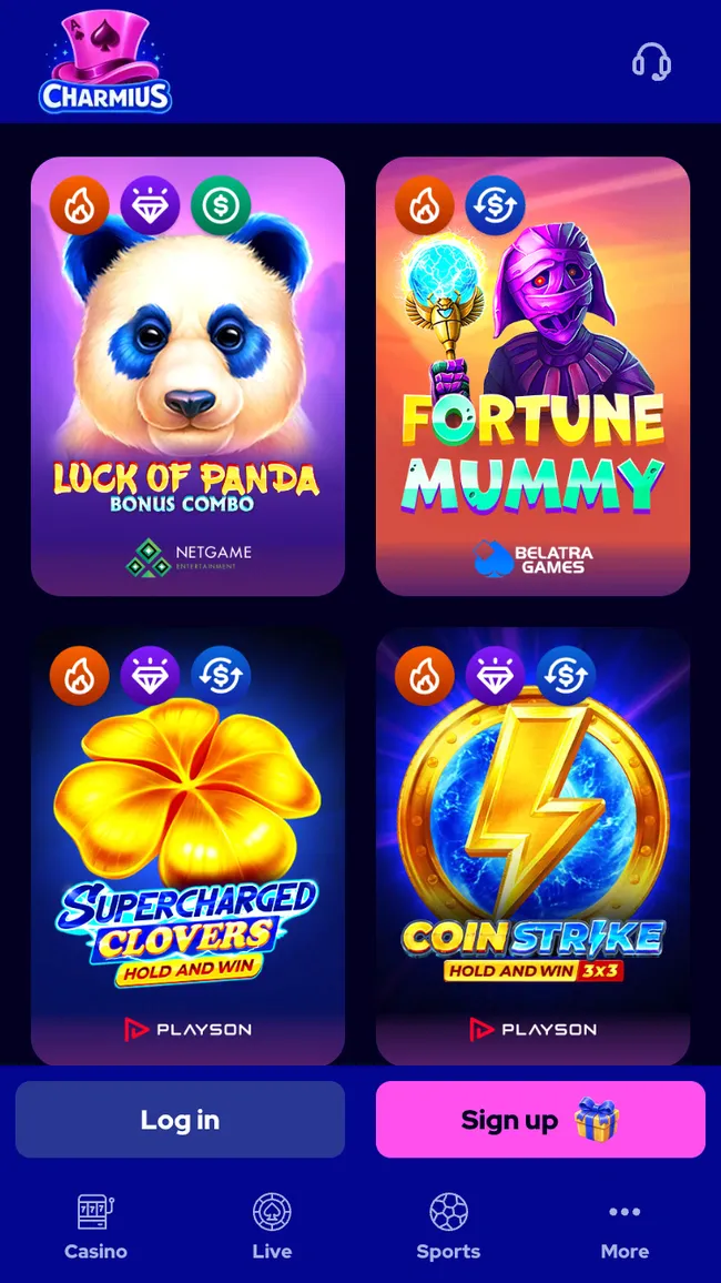Le slot di Charmius da smartphone: Luck of Panda, Fortune Mummy, Supercharged Clovers e Coin Strike