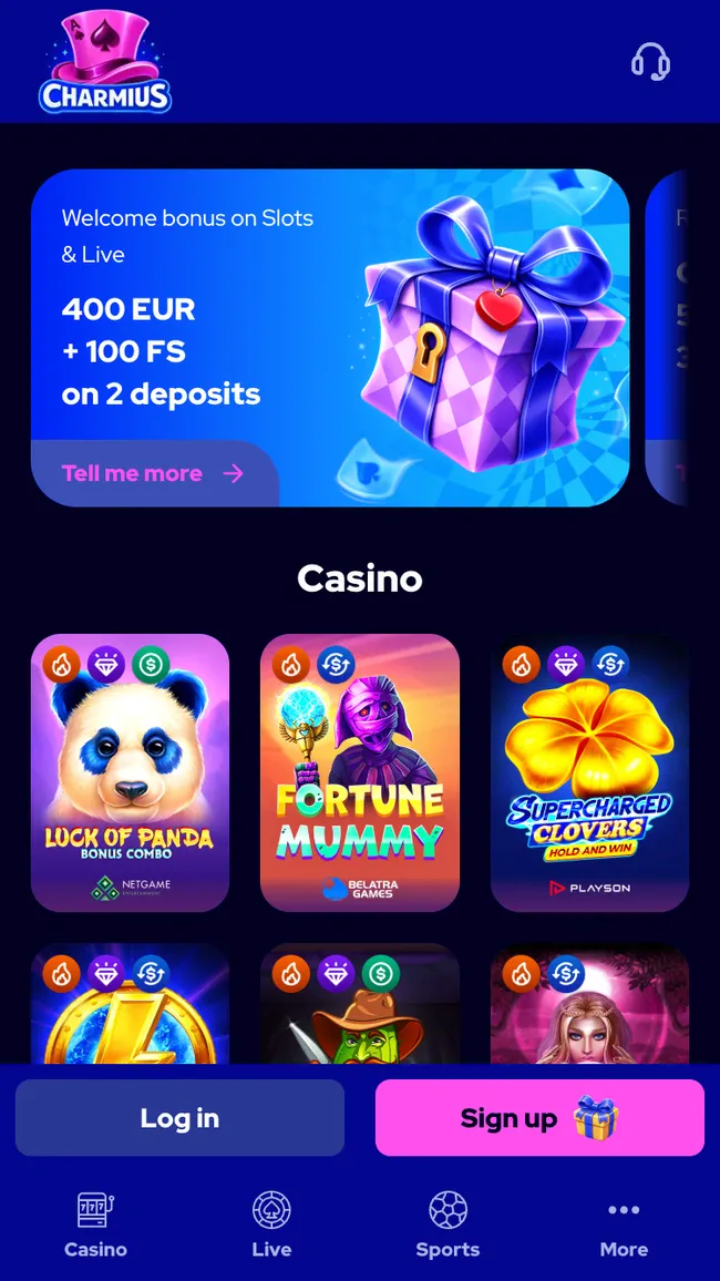 La homepage mobile di Charmius con il banner del bonus fino a 400€ e 100 giri gratis sui primi due depositi e la sezione Casino