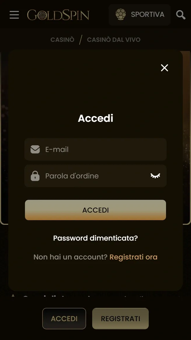 La schermata di accesso di Goldspin