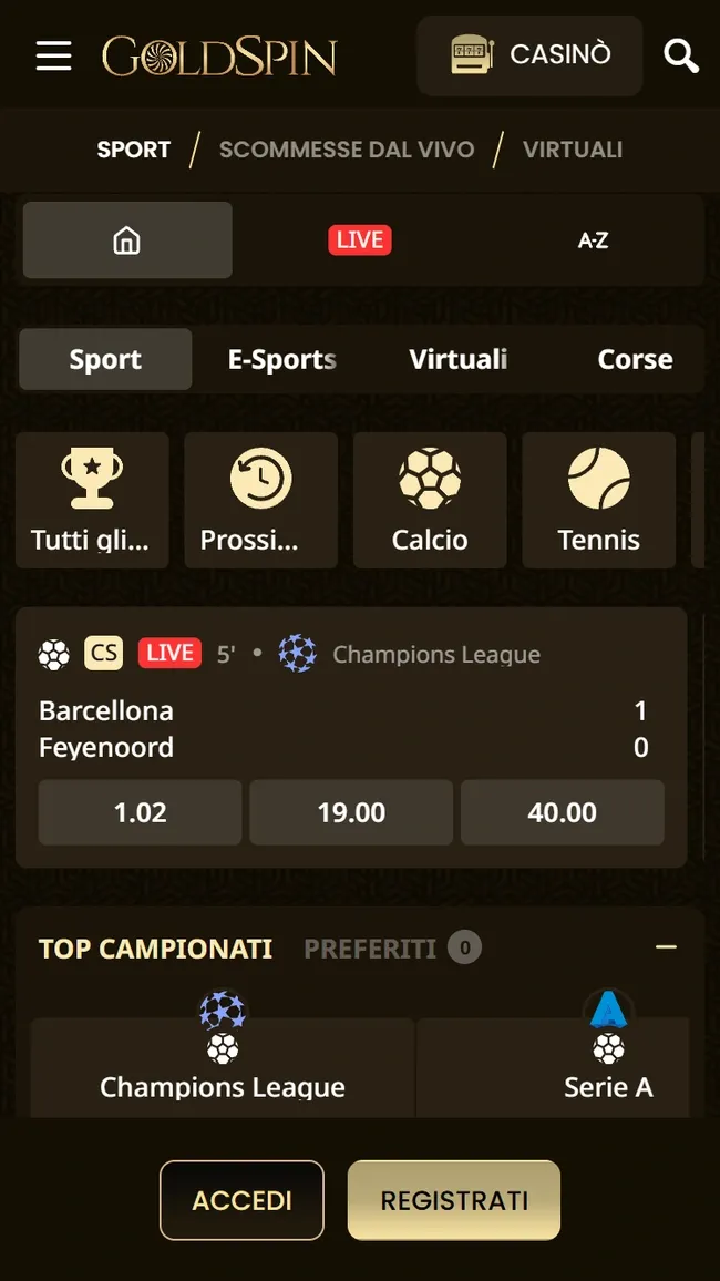 Le scommesse di Goldspin da smartphone: Sport, E-Sports, Virtuali e Corse, con una partita di Champions League in diretta