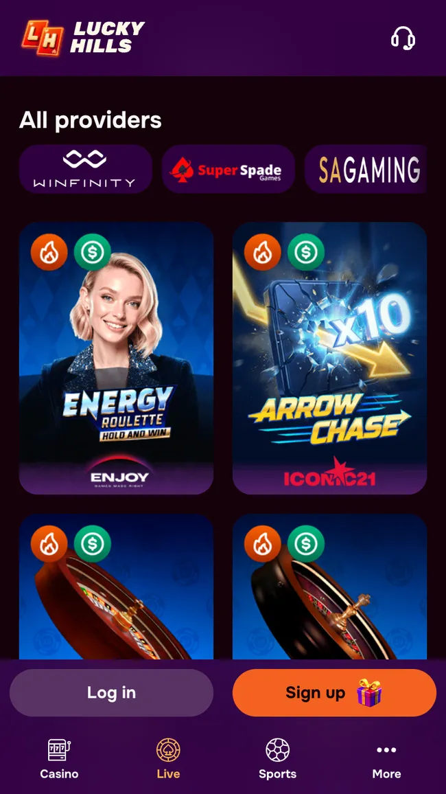 Il live casino di Luckyhills con Winfinity, Super Spade e SA Gaming, Energy Roulette e Arrow Chase