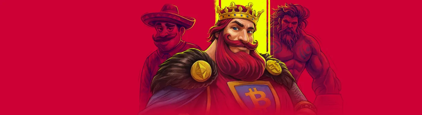 Illustrazione di Rabona su sfondo rosso: un re con la corona e i simboli di Bitcoin, Ethereum e Tether, tra altri due personaggi