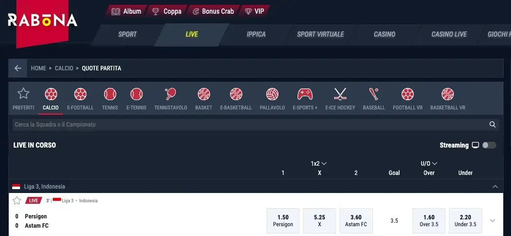 Scommesse live di Rabona con l'elenco degli sport e le quote di una partita di calcio