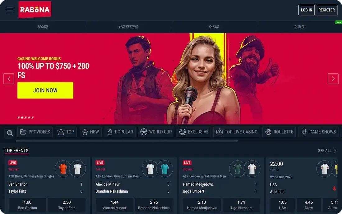 Homepage di Rabona con il banner del bonus casinò e gli eventi sportivi in evidenza