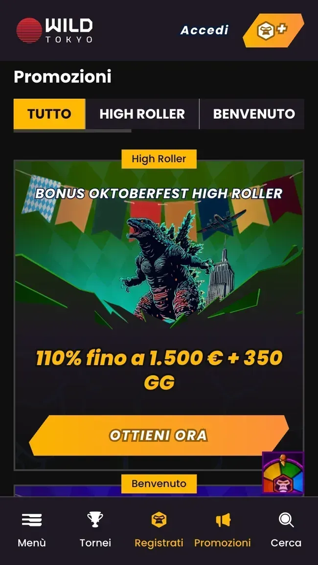 Il bonus Oktoberfest High Roller di Wildtokyo: 110% fino a 1.500€ e 350 giri gratis