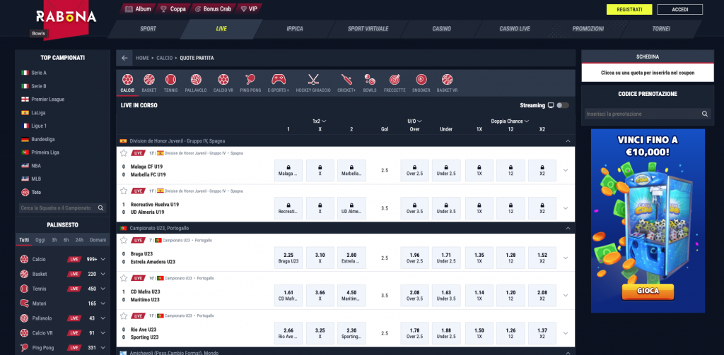 Interfaccia scommesse live Rabona