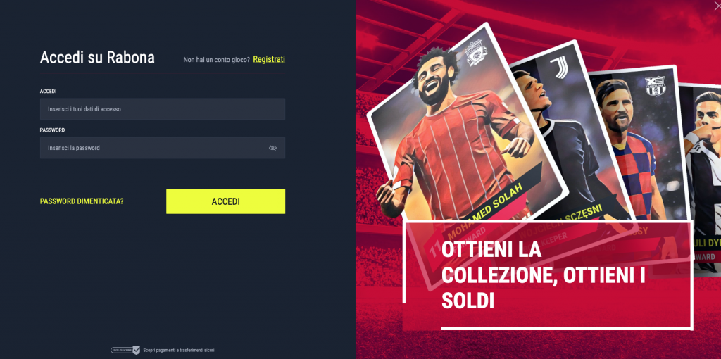 Schermata di accesso Rabona