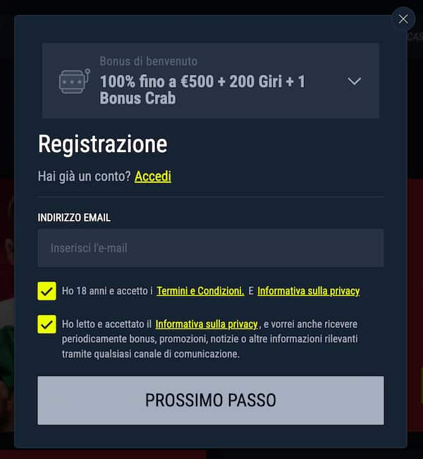 Modulo di registrazione al casinò Rabona